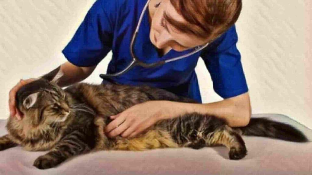 Kediye aşı uygulamadan hemen öncesi kadın veteriner hekim ve maine coon kedisi